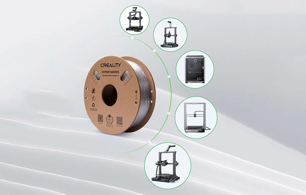 Bobină de filament Creality Hyper Series cu pictograme a cinci imprimante 3D diferite pe un fundal alb