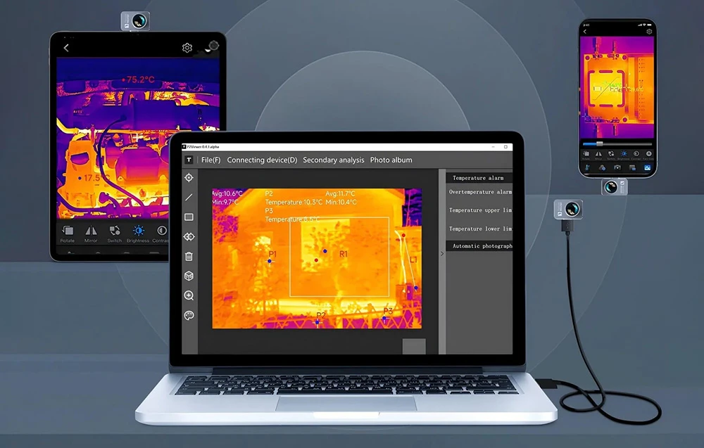 O tabletă, un laptop și un smartphone conectate la mini-camere termice afișează interfața software-ului P2Viewer