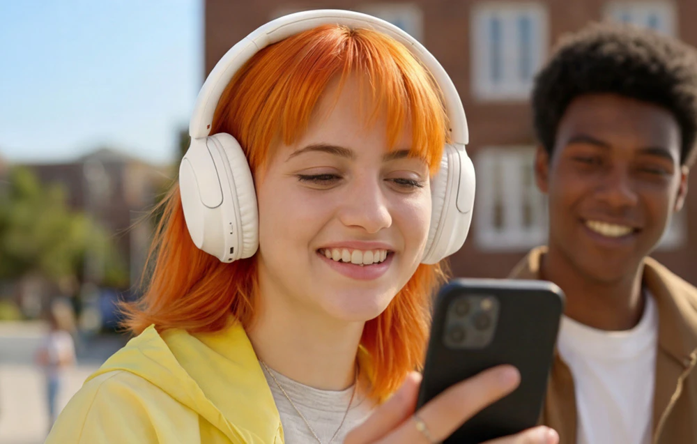 O fată zâmbitoare cu părul roșu, care poartă căști, se uită la smartphone-ul ei