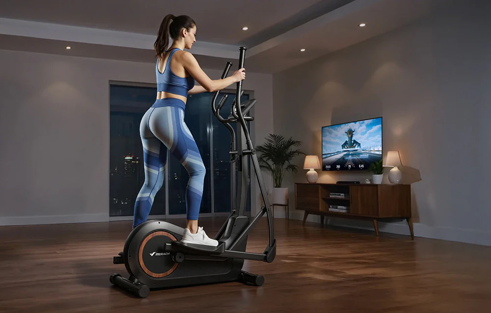 O femeie îmbrăcată în echipament sportiv albastru face exerciții pe un aparat eliptic Merach într-un living modern, cu vedere la orașul noaptea
