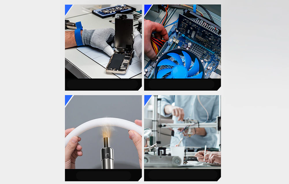 Patru fotografii ale aplicațiilor pistolului de căldură: repararea unui smartphone, lucrul la placa de bază a unui computer, îndoirea unei țevi de plastic și lipirea într-un laborator.