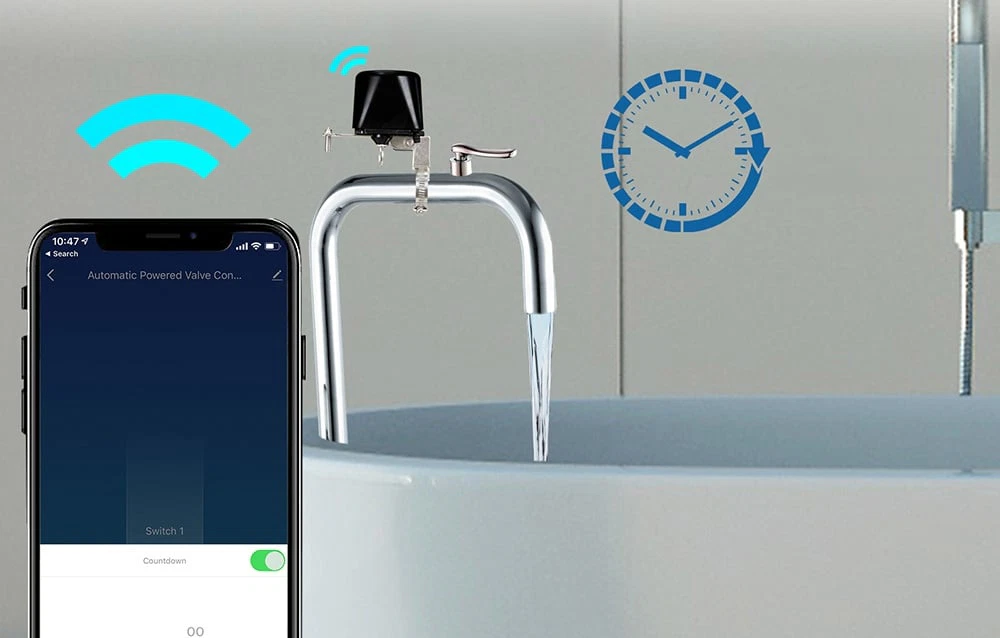 Un smartphone cu aplicația Automatic Powered Valve lângă un robinet cu apă curgând și o pictogramă de ceas care numără timpul