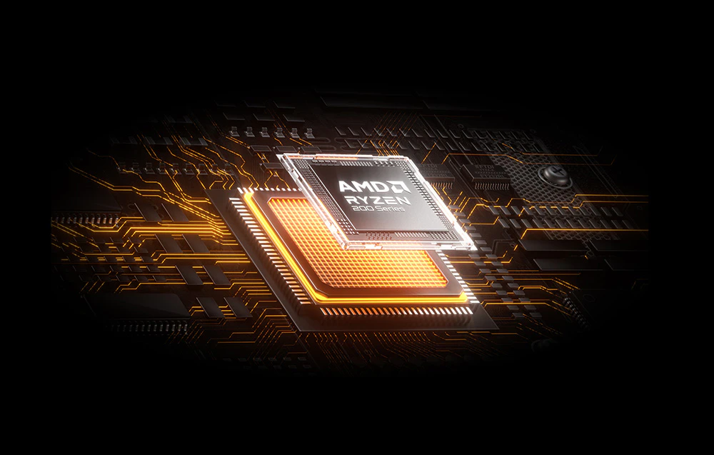 Procesor AMD Ryzen seria 7000 plasat pe o placă de bază cu iluminare de fundal portocalie