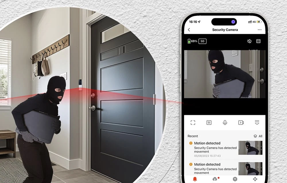 Un hoț în dormitor și un smartphone cu o aplicație care afișează o previzualizare live și mesajul „Mișcare detectată”
