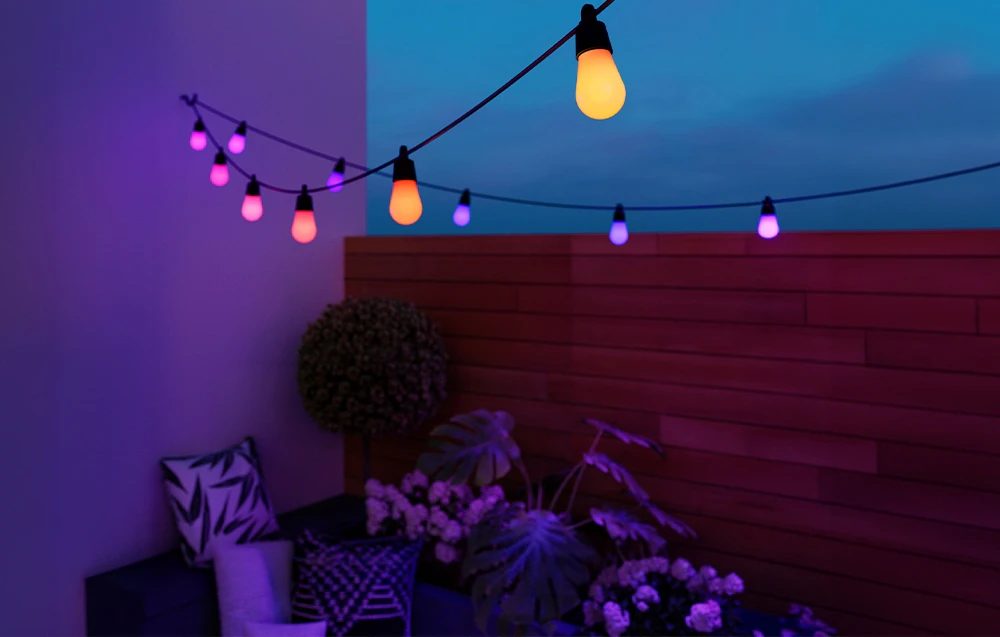 Ghirlande luminoase de grădină în nuanțe de violet și portocaliu deasupra plantelor, lângă un gard de lemn.