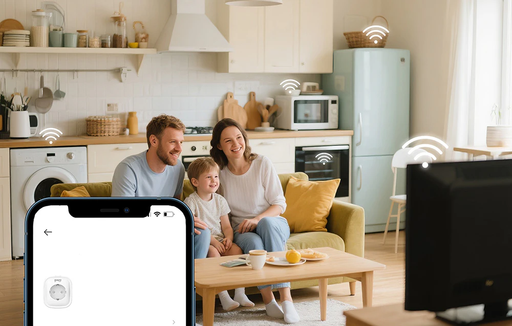 O familie așezată pe canapeaua din bucătărie, uitându-se la televizor, cu pictograme Wi-Fi lângă dispozitive și aplicația de control al prizelor vizibilă pe un smartphone