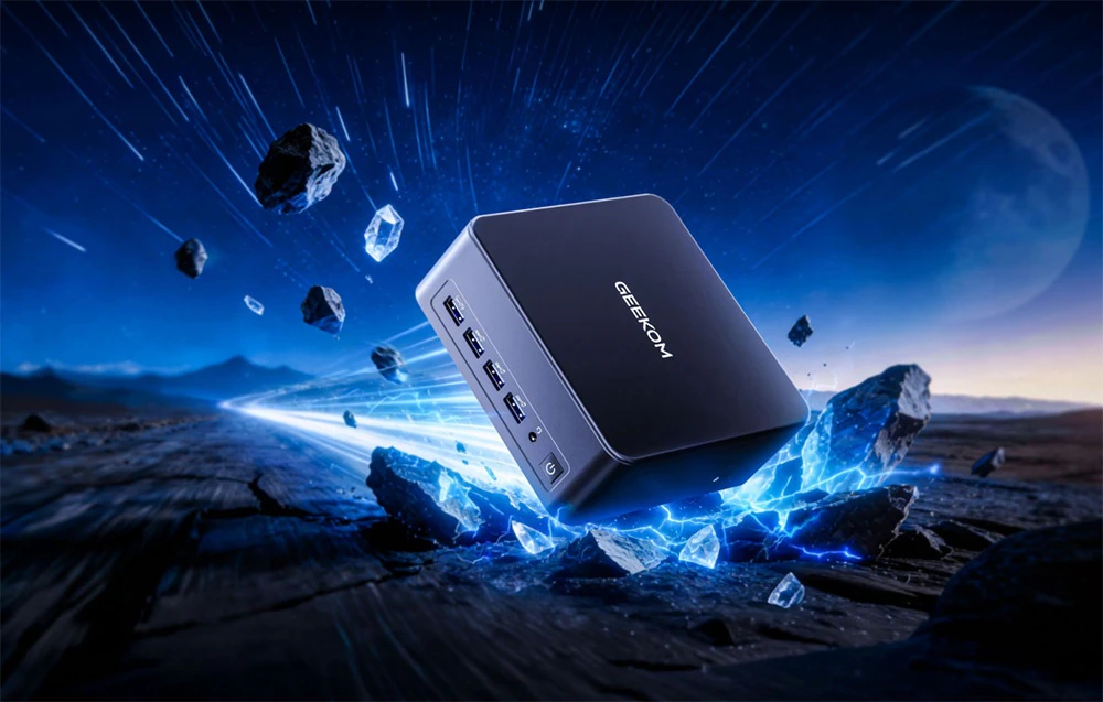 Mini PC-ul GEEKOM prezentat într-un decor dinamic, cu efecte de iluminare albastră și fragmente de rocă plutitoare.