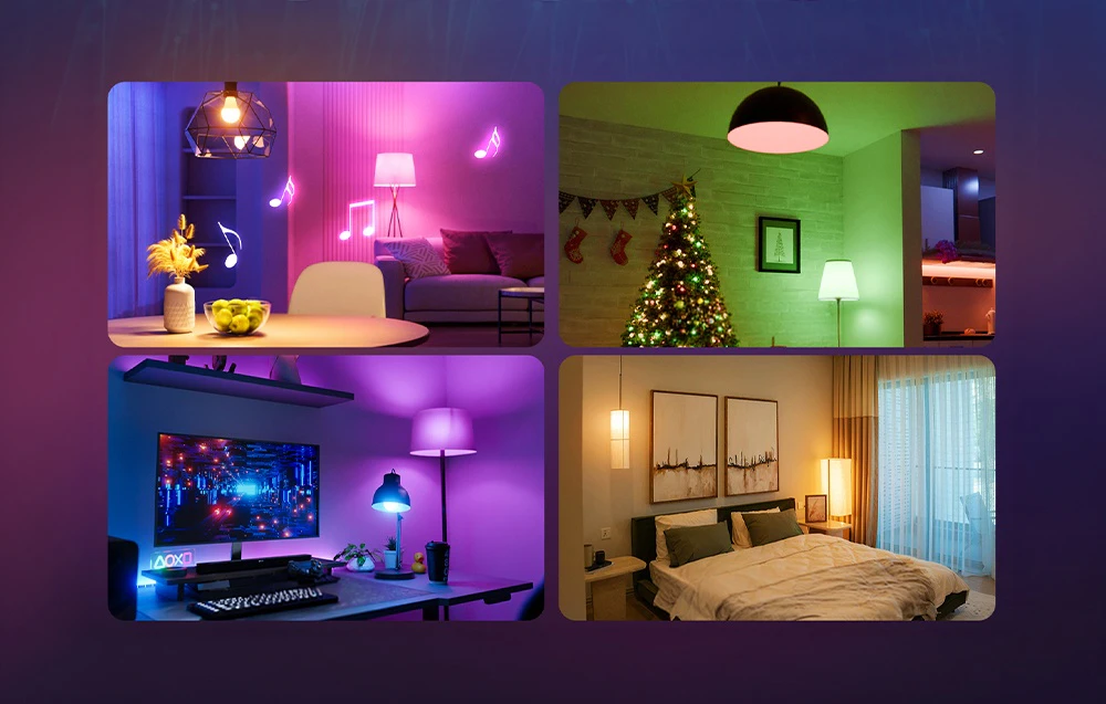 Patru imagini care arată camere cu iluminare LED multicoloră: violet, verde, albastru și galben cald.