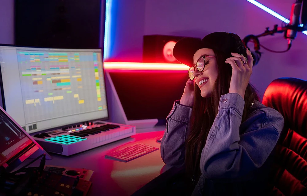 O femeie care poartă căști și o pălărie zâmbește într-un studio de muzică iluminat de lumini de neon colorate.