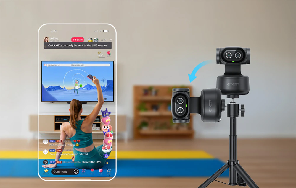 O femeie transmite live în timpul unui antrenament; camera EMEET este așezată pe un trepied lângă ea