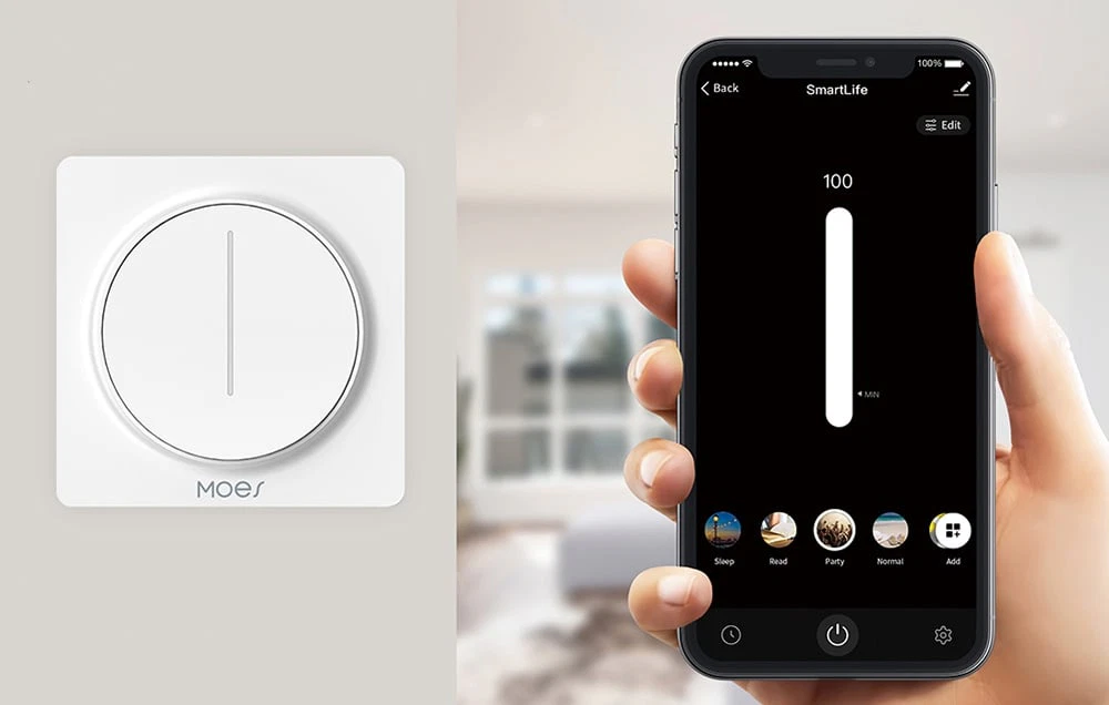 Comparație între un dimmer fizic montat pe perete și interfața aplicației de control al luminii de pe un telefon.