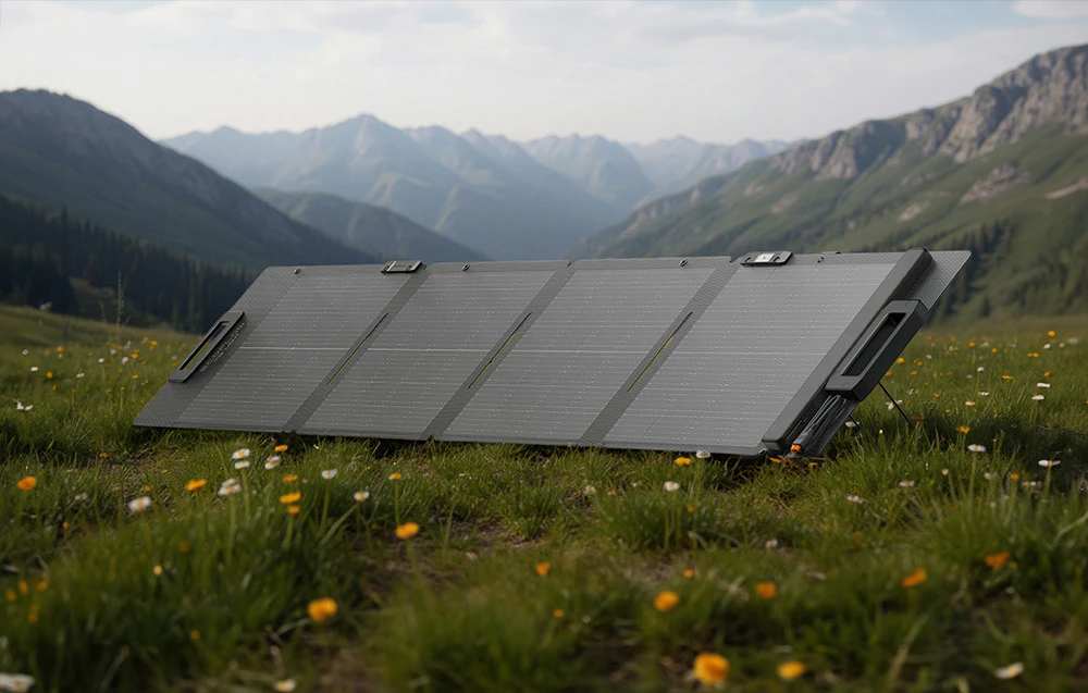 Panou fotovoltaic pe o pajiște plină de flori, cu munții în fundal
