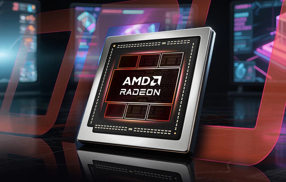 Cip grafic AMD Radeon cu structura nucleului vizibilă pe un fundal negru, modern