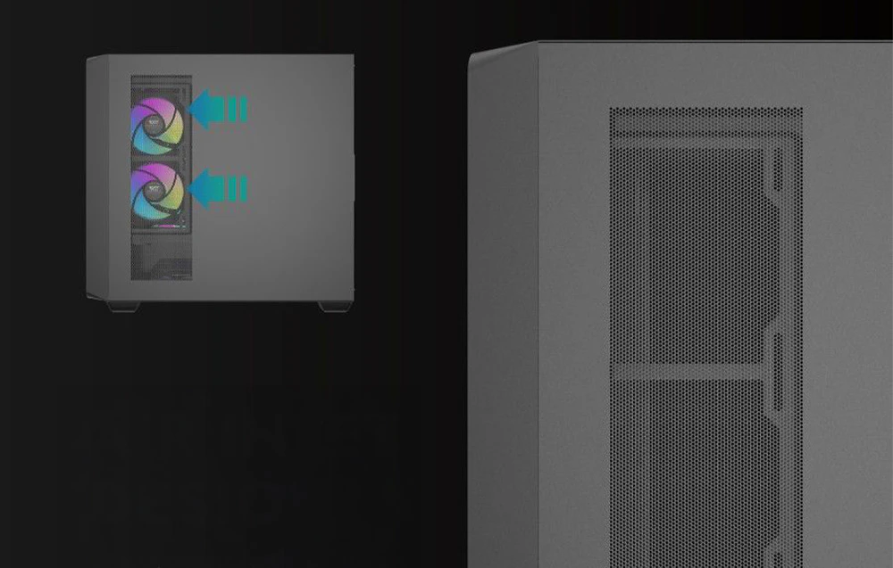 În stânga, o carcasă de computer neagră cu 2 ventilatoare. În dreapta, este vizibil un fragment dintr-o carcasă de computer.