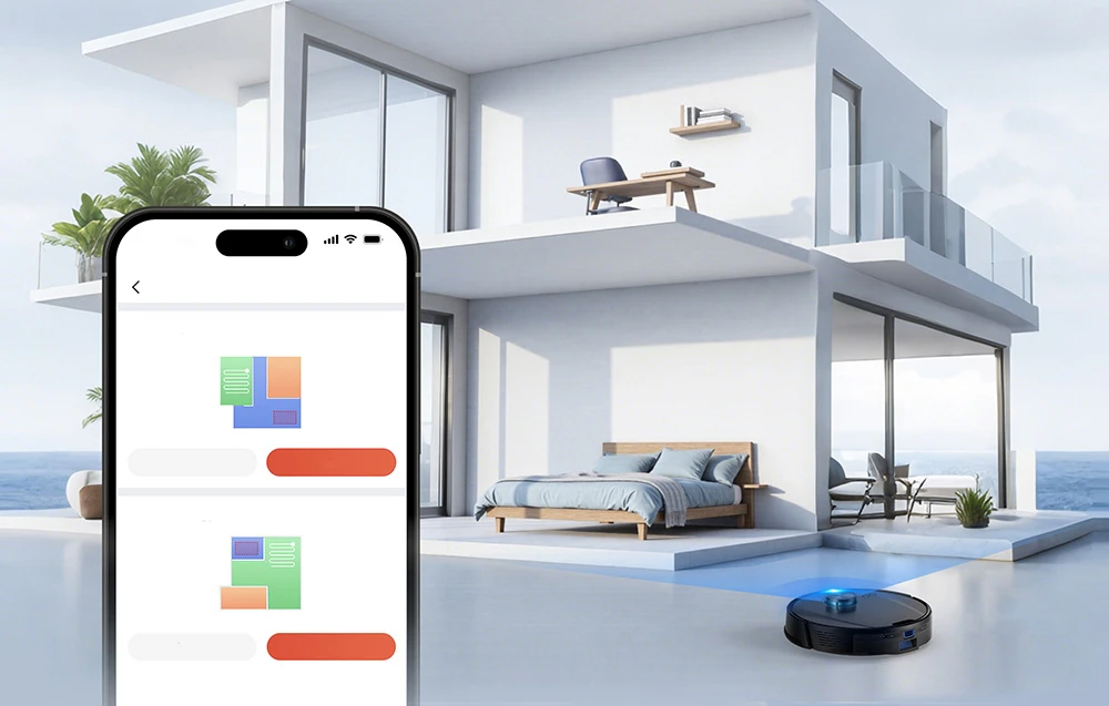Un smartphone cu o aplicație mobilă pentru controlul robotului aspirator negru Ultenic în interiorul unei locuințe