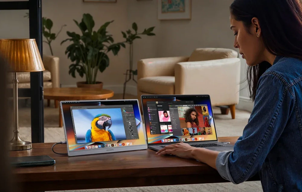O femeie lucrând într-un living cu un laptop conectat la monitorul portabil Arzopa, care afișează imaginea unui papagal