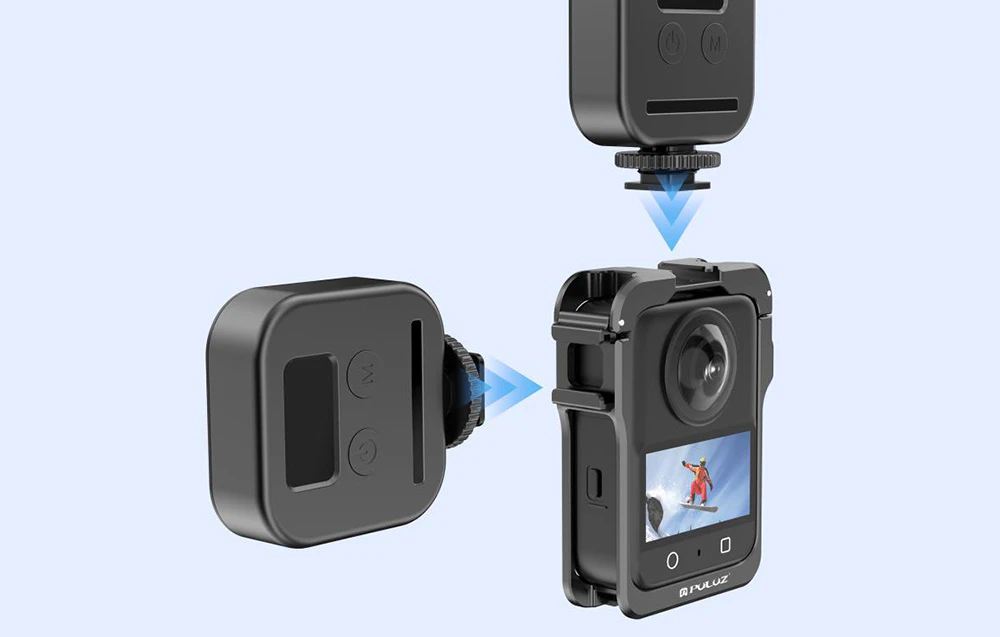 Diagrama de montare a camerei de 360 de grade și a accesoriilor cu săgeți albastre pe fundal luminos