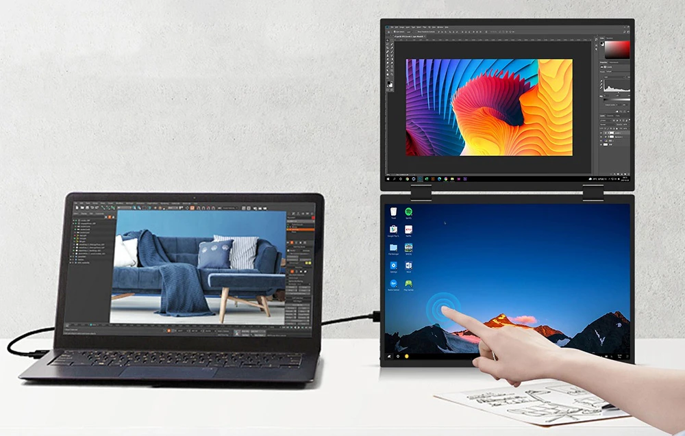 Laptop conectat la un monitor ZEUSLAP cu două ecrane, cu ecranul tactil inferior acționat cu degetul