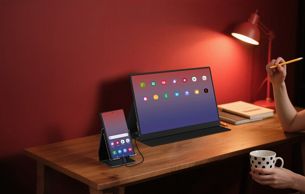 Stație de lucru cu un monitor ZEUSLAP conectat la un smartphone pe birou, lângă o ceașcă de cafea și un notebook