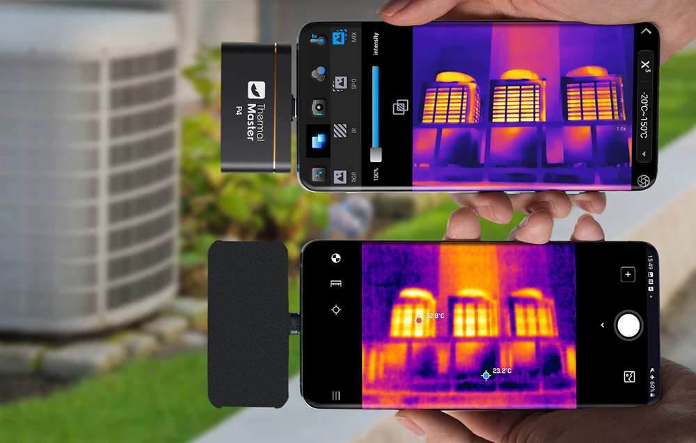 Două smartphone-uri afișează o imagine termică a aparatelor de aer condiționat; camera de sus afișează textul „Thermal Master P4”
