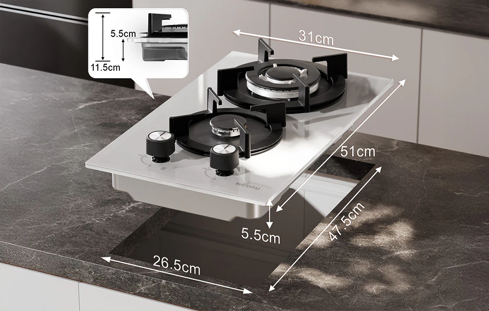 Dimensiunile plitei cu gaz albe: lățime 31 cm, adâncime 51 cm și dimensiunile orificiului de montare în blat (26,5 cm x 47,5 cm).