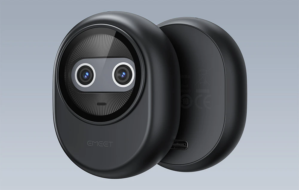 2 camere web EMEET negre pe un fundal gri