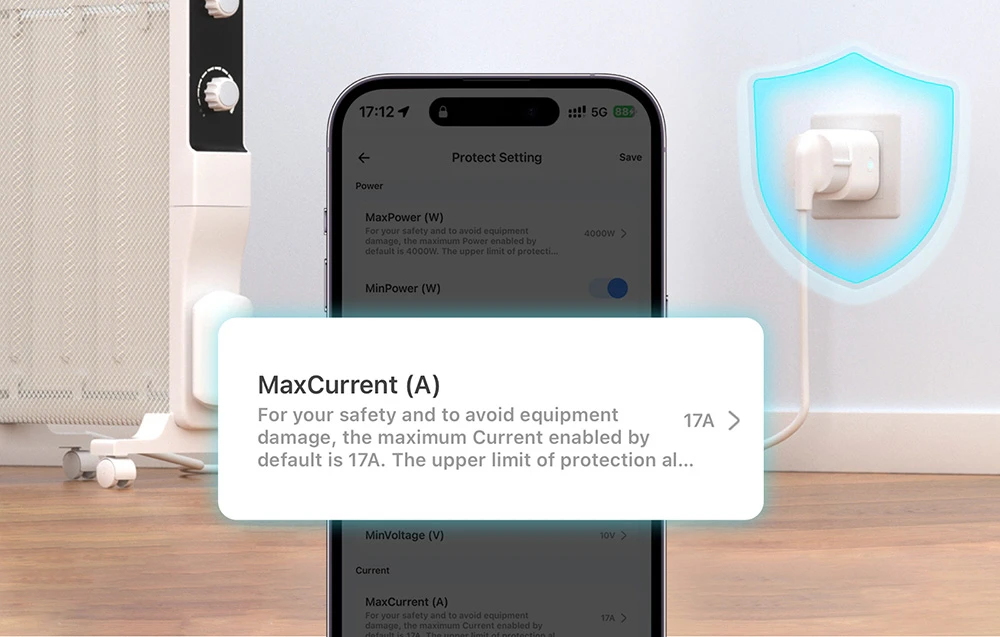 O notificare afișată pe un smartphone; în fundal, un dispozitiv conectat la o sursă de alimentare