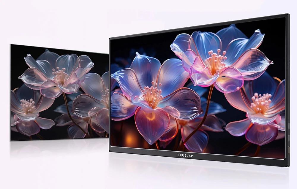 Două monitoare portabile ZEUSLAP unul lângă altul, afișând imagini realiste cu flori de lotus colorate