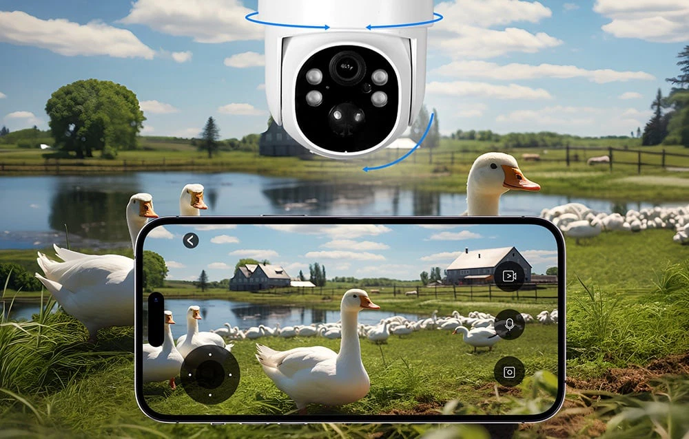 Camera îndreptată spre o curte rurală cu gâște; ecranul smartphone-ului afișează o previzualizare live cu interfața de control