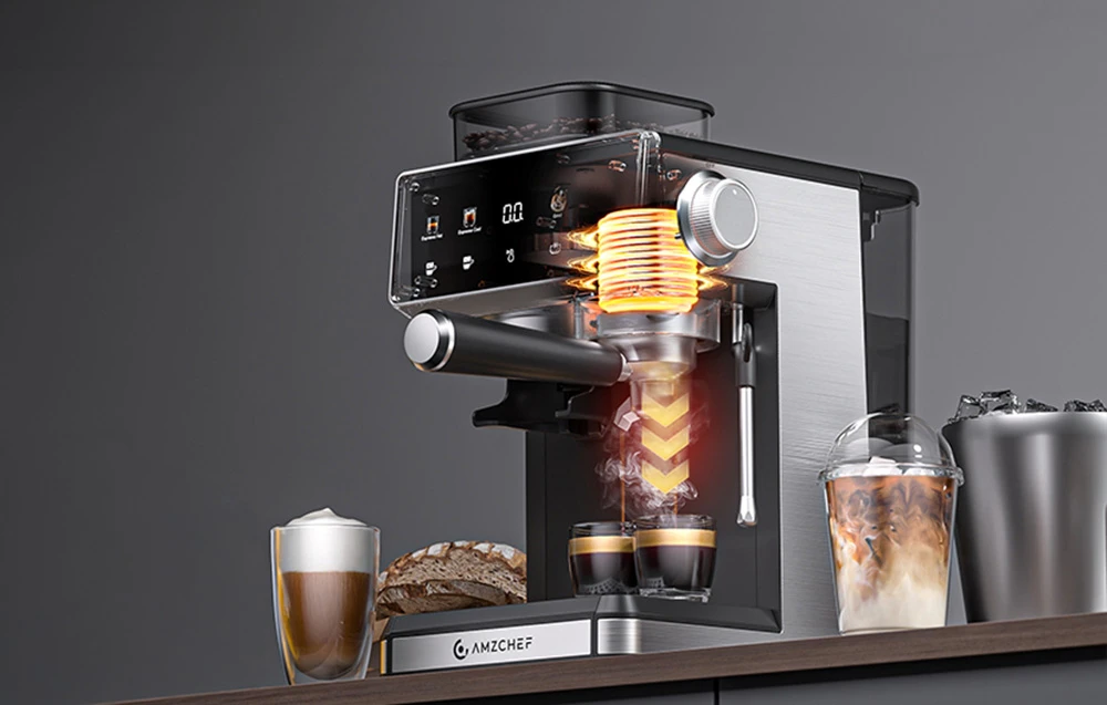 Mașina de espresso AMZCHEF cu afișaj retroiluminat care arată sistemul de încălzire în timpul preparării cafelei