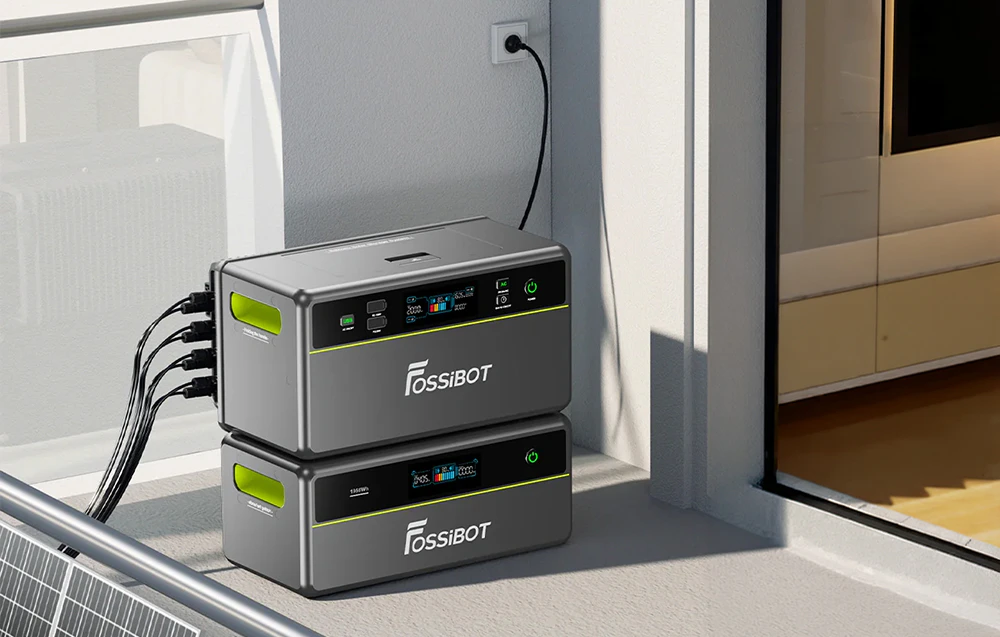 Două module de alimentare conectate între ele pe un balcon, conectate la o priză de perete.