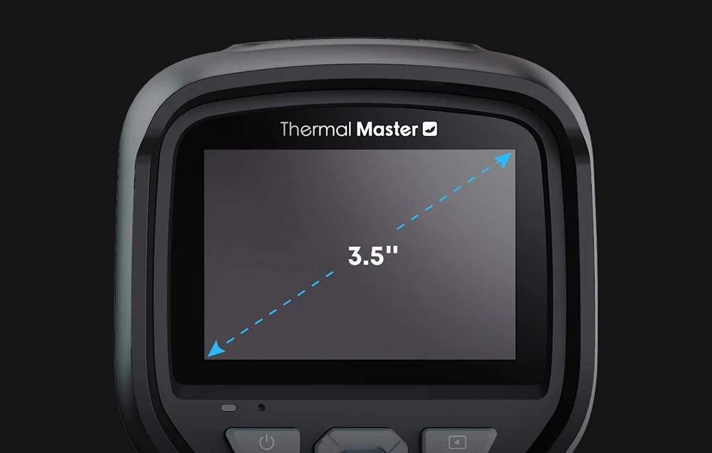 Prim-plan al ecranului camerei cu termoviziune Thermal Master, care afișează o linie punctată albastră și textul „3,5 inci”
