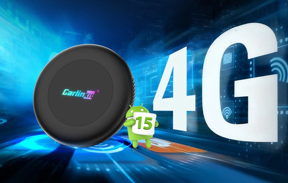 Adaptor Carlinkit prezentat pe fundalul unui simbol grafic care reprezintă conectivitatea 4G și sistemul Android 15