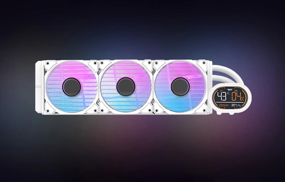 Vedere frontală a sistemului de răcire cu apă AIO cu trei ventilatoare RGB și un afișaj LCD în partea dreaptă