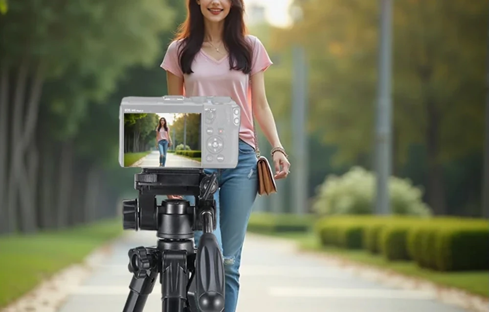 O cameră montată pe un trepied fotografiază o femeie care merge pe o alee într-un parc