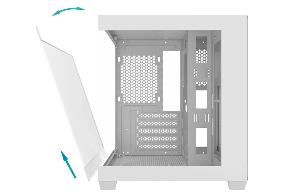 Carcasa de computer Darkflash C275P stând pe o parte, al cărei panou lateral este ușor înclinat.