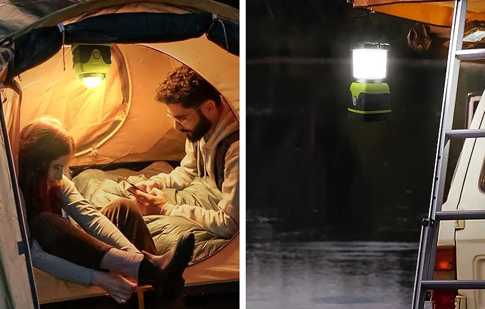 Două imagini: campioni cu un bec LED suspendat în cort și același bec LED care luminează intrarea cortului noaptea.