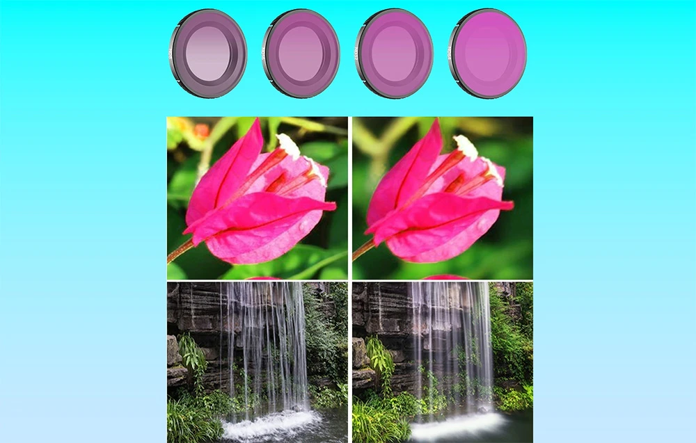 Filtre ND Sunnylife în diferite gradații și compararea fotografiilor cu flori și o cascadă cu și fără filtru
