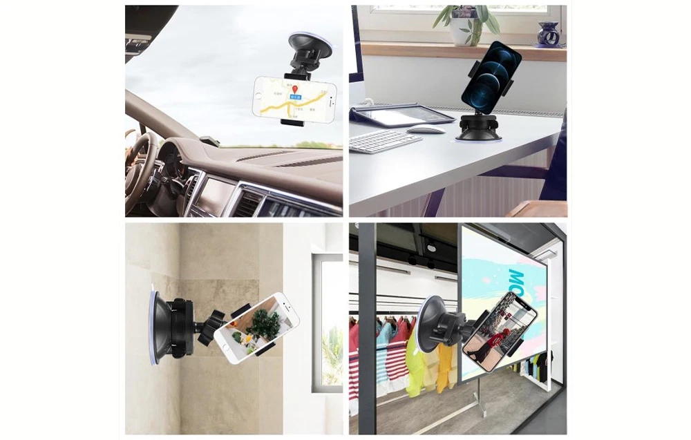 Un colaj care prezintă un suport pentru smartphone cu ventuză atașat în diverse locații, inclusiv într-o mașină, pe un birou, pe un perete și pe vitrina unui magazin.