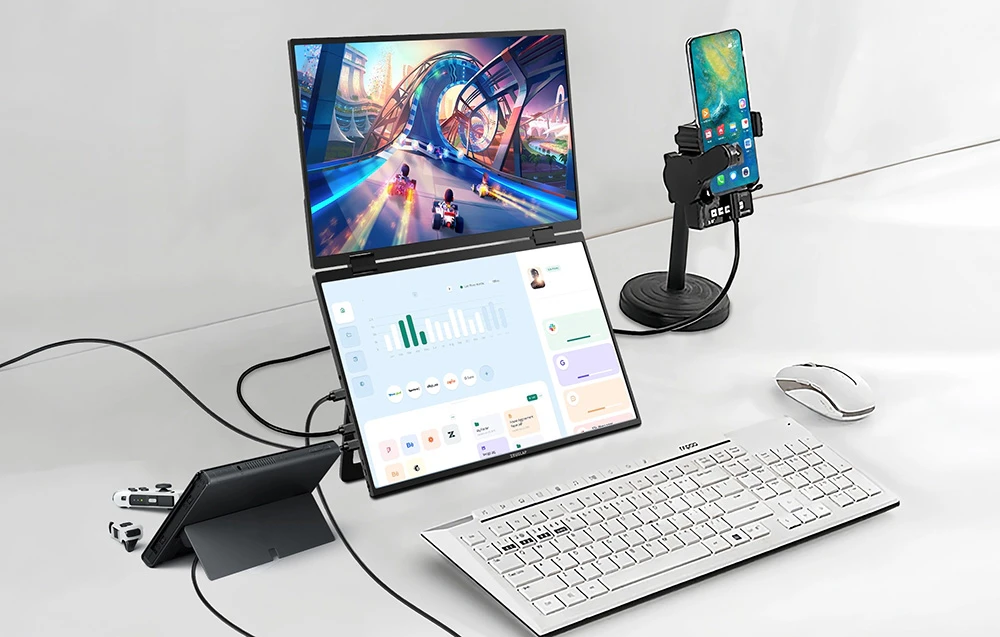 Monitor ZEUSLAP pliabil cu două ecrane, tastatură, mouse și smartphone pe birou