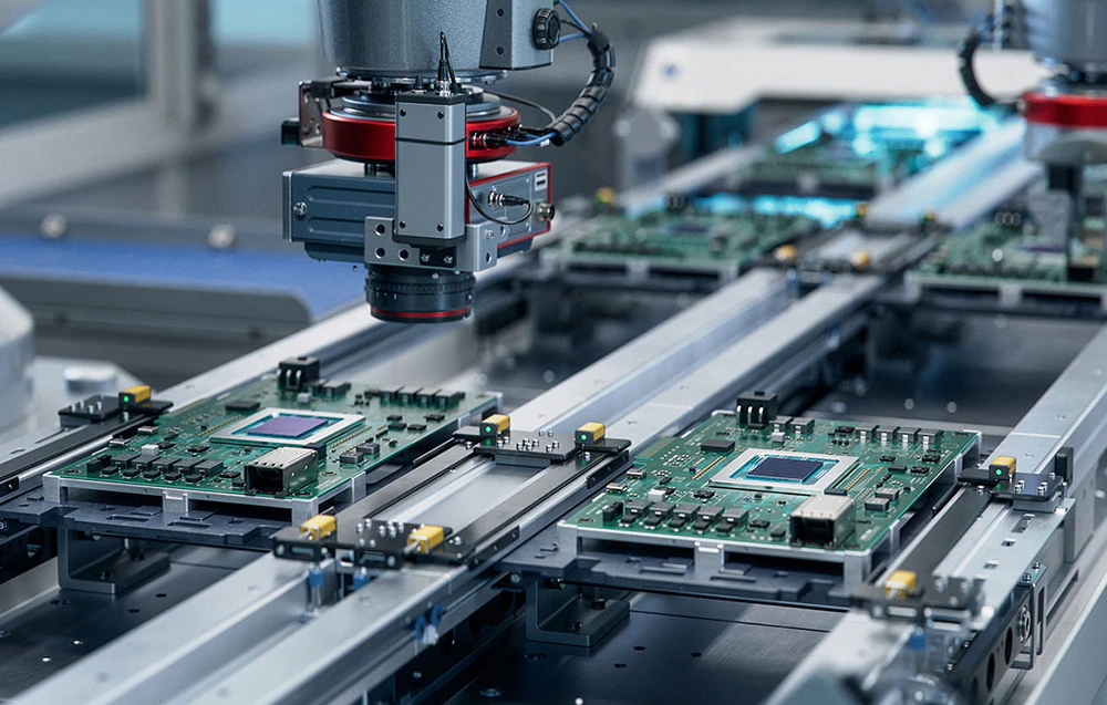 O linie de producție automatizată într-o fabrică, unde brațe robotizate asamblează componente electronice de precizie și plăci de bază.