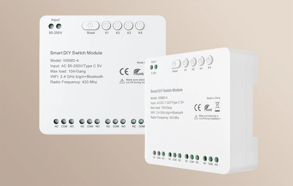 Comparație între două versiuni ale modulului Smart DIY Switch cu alimentare de 85-250V și 7-32V cu butoane Reset și K1-K4