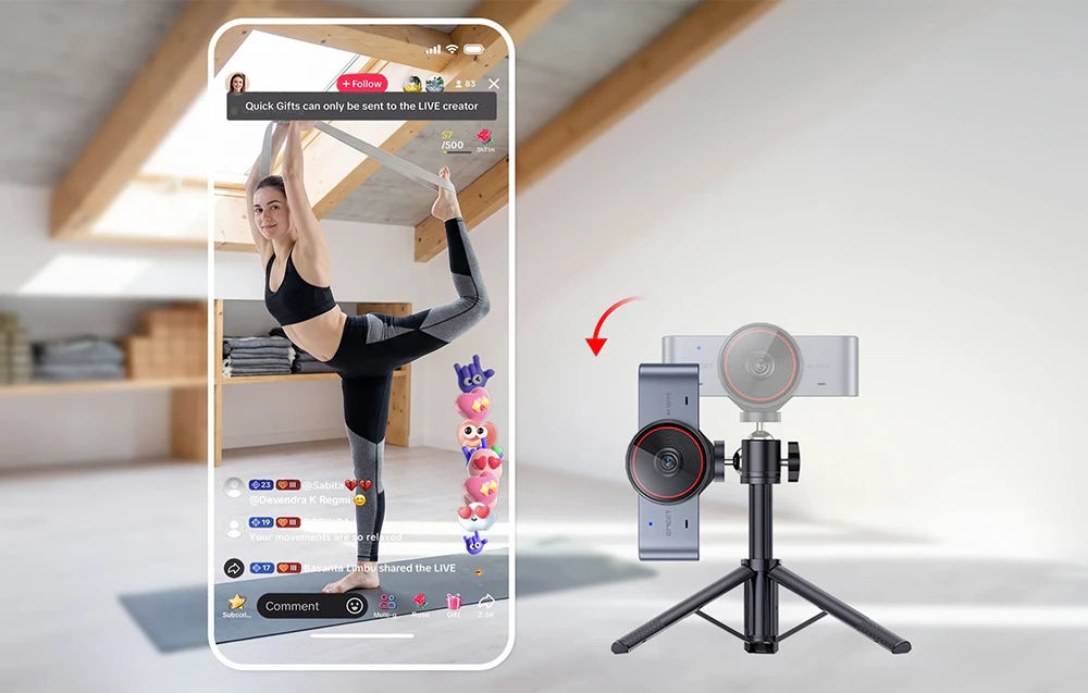 O cameră web EMEET în poziție verticală pe un trepied, care înregistrează o femeie practicând yoga în timpul unei transmisii live
