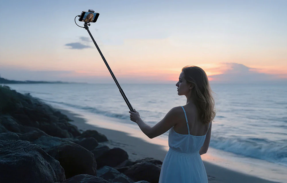 O femeie pe plajă într-o rochie albă ține un selfie stick cu un smartphone în mână
