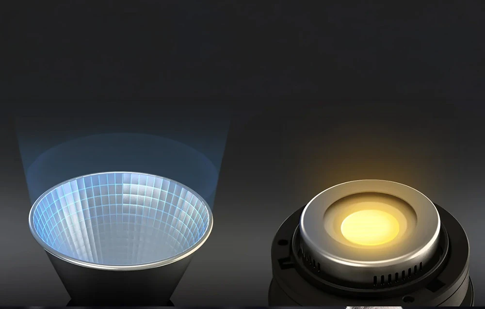 O ilustrație care prezintă două părți ale lămpii: un con reflectorizant argintiu și un disc rotund care emite lumină.