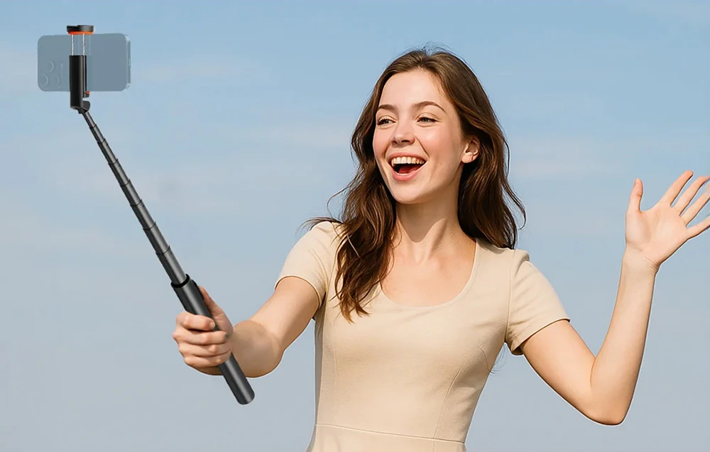 O tânără zâmbitoare ținând un selfie stick extins cu un smartphone montat pe el, pe fundalul unui cer albastru.