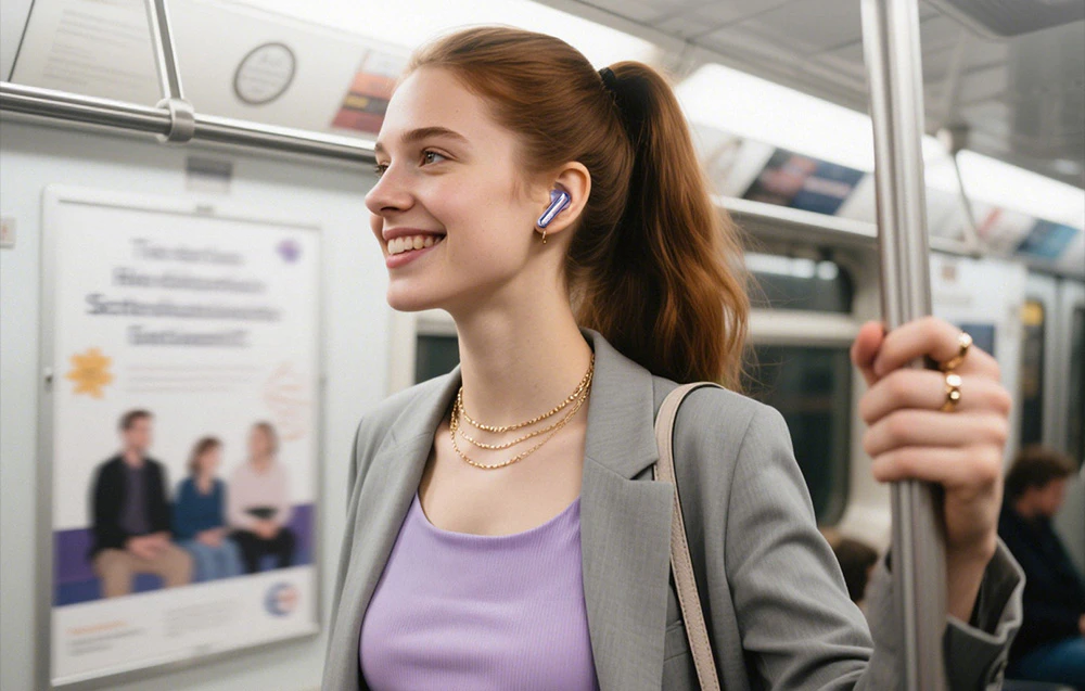 O femeie cu o bluză lila și o jachetă gri zâmbește și ține o balustradă într-un vagon de metrou în timp ce poartă un earpiece wireless