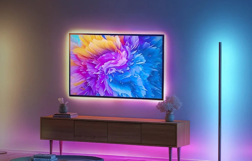 Vizualizare a unui living cu un televizor, în spatele căruia strălucește o bandă decorativă colorată. Lângă acesta se află o lampă alungită.