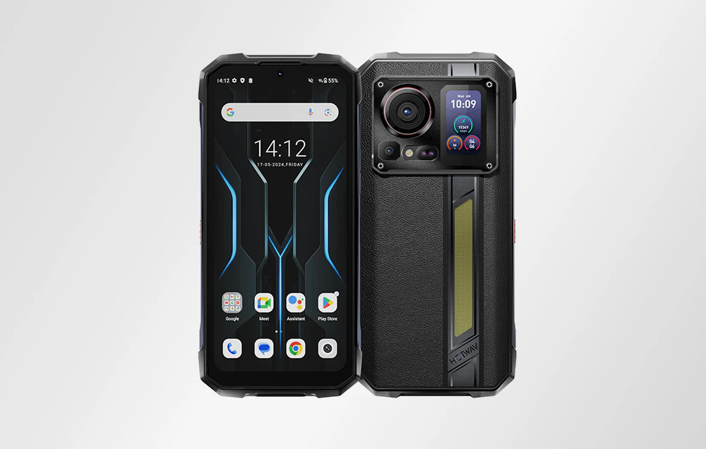 Vedere frontală și posterioară a unui smartphone HOTWAV negru; sistemul Android vizibil pe ecran, afișaj suplimentar și cameră pe partea din spate.