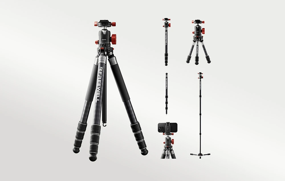 Trepied Freewell din fibră de carbon cu cap sferic roșu și accesorii: un monopod și un trepied de masă